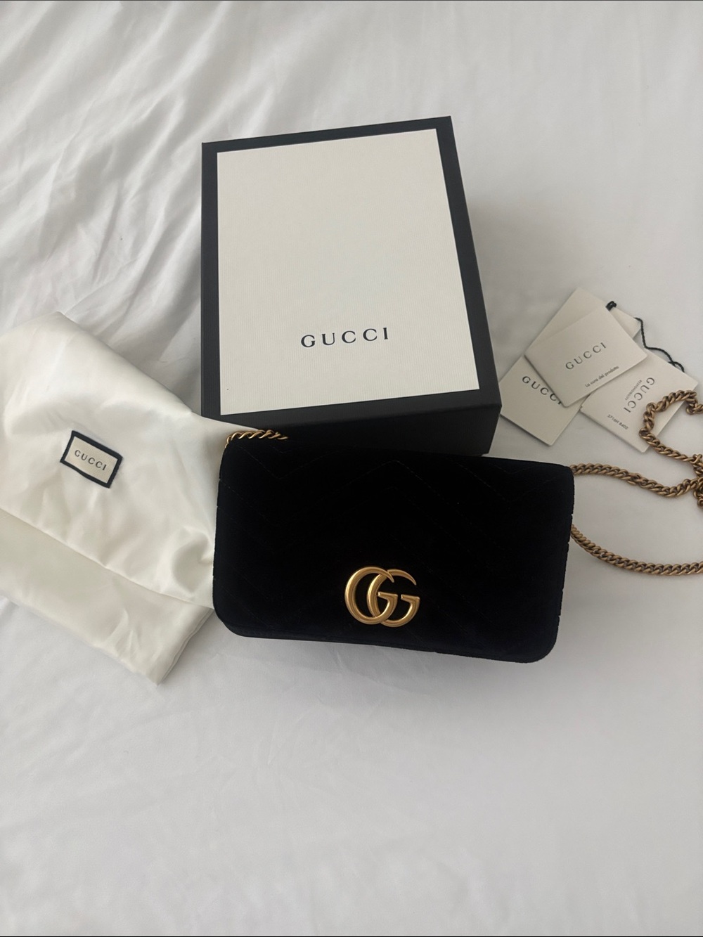 Gucci Black Velvet Crossbody Bag with Gold Double G